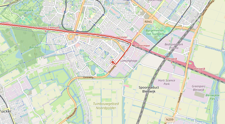 Kaart van de omgeving van de melding, met de kazerne die is gealarmeerd