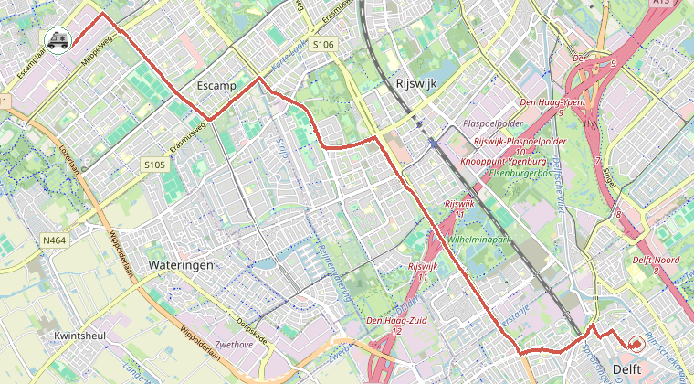 Kaart van de omgeving van de melding, met de kazerne die is gealarmeerd