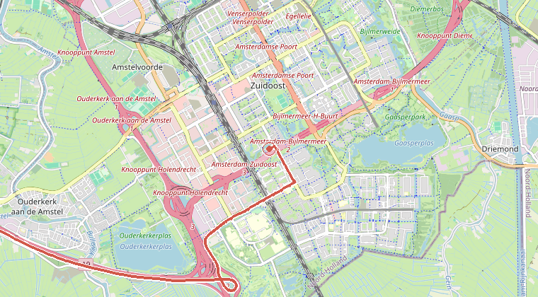 Kaart van de omgeving van de melding, met de kazerne die is gealarmeerd