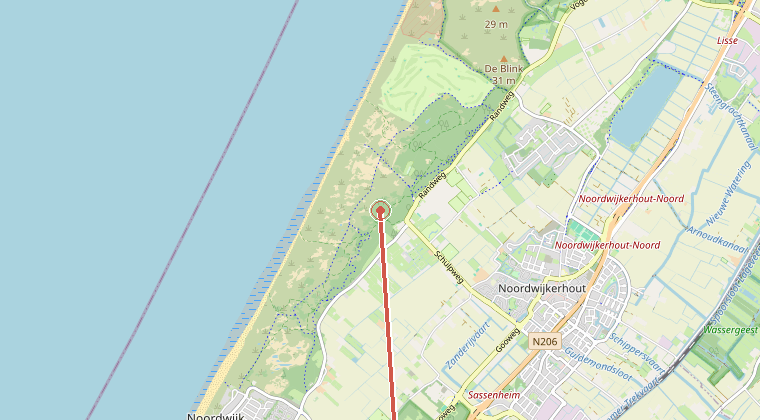 Kaart van de omgeving van de melding, met de kazerne die is gealarmeerd