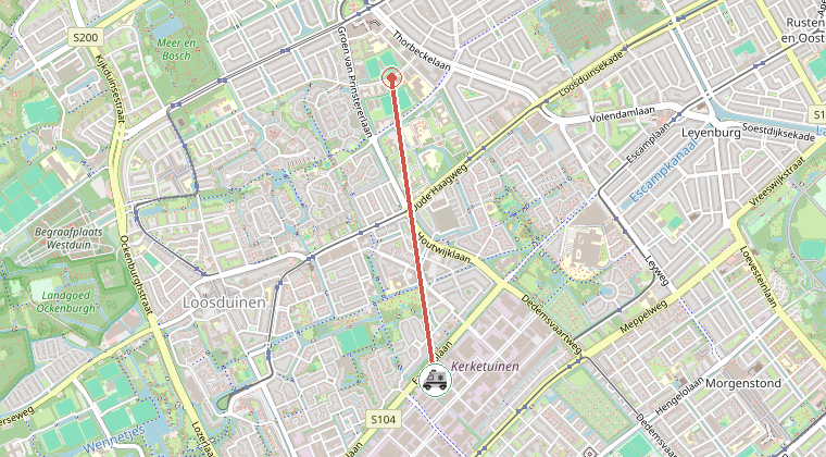 Kaart van de omgeving van de melding, met de kazerne die is gealarmeerd