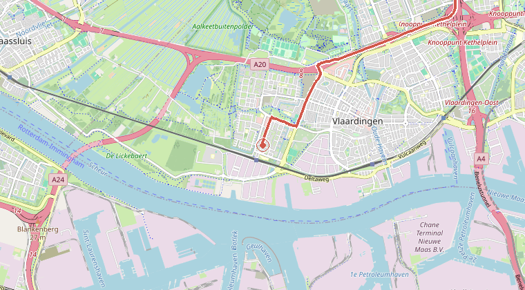 Kaart van de omgeving van de melding, met de kazerne die is gealarmeerd
