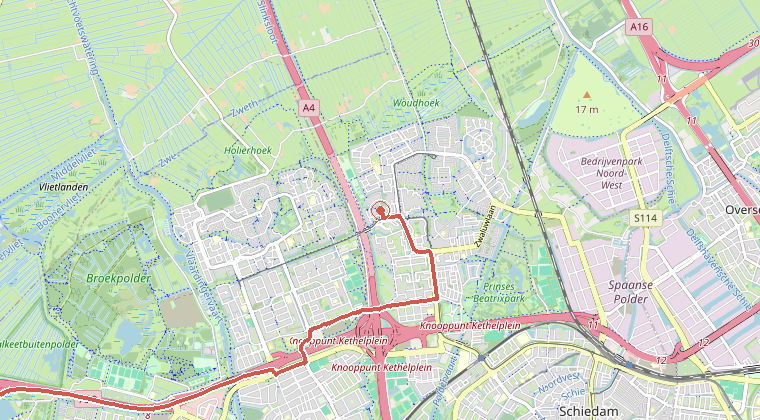Kaart van de omgeving van de melding, met de kazerne die is gealarmeerd