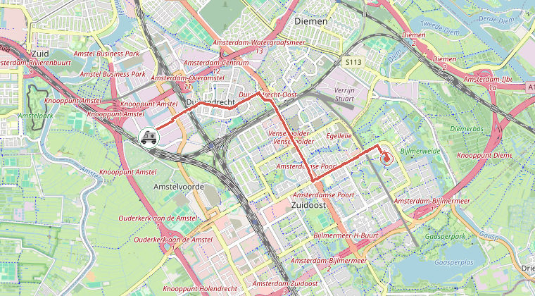Kaart van de omgeving van de melding, met de kazerne die is gealarmeerd