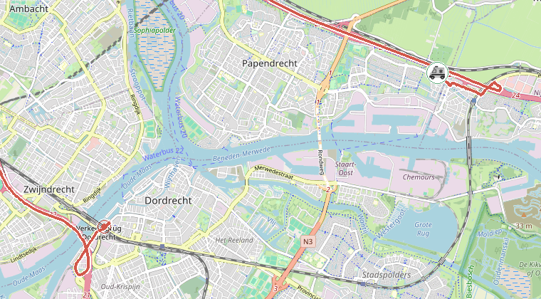 Kaart van de omgeving van de melding, met de kazerne die is gealarmeerd
