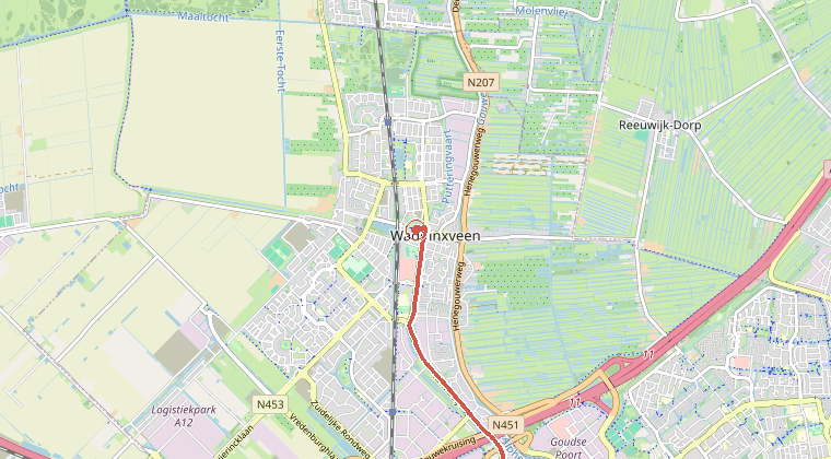 Kaart van de omgeving van de melding, met de kazerne die is gealarmeerd