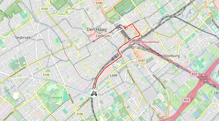 Kaart van de omgeving van de melding, met de kazerne die is gealarmeerd