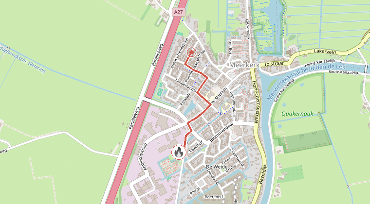 Kaart van de omgeving van de melding, met de kazerne die is gealarmeerd