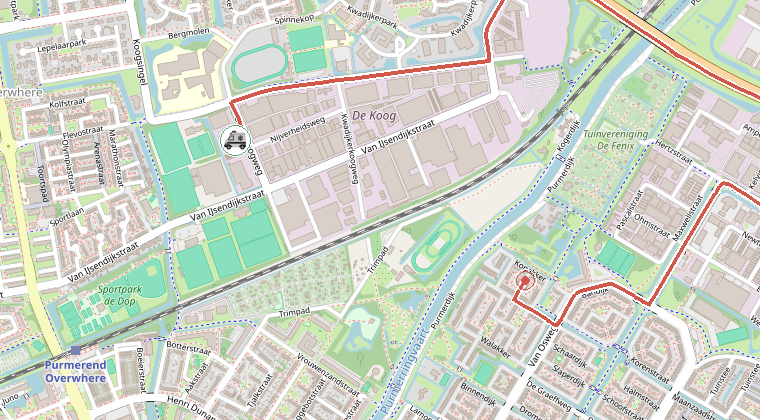 Kaart van de omgeving van de melding, met de kazerne die is gealarmeerd