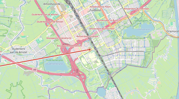 Kaart van de omgeving van de melding, met de kazerne die is gealarmeerd