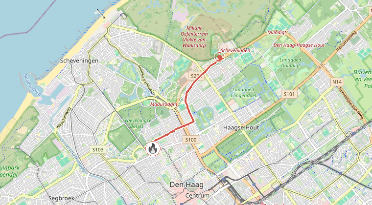 Kaart van de omgeving van de melding, met de kazerne die is gealarmeerd