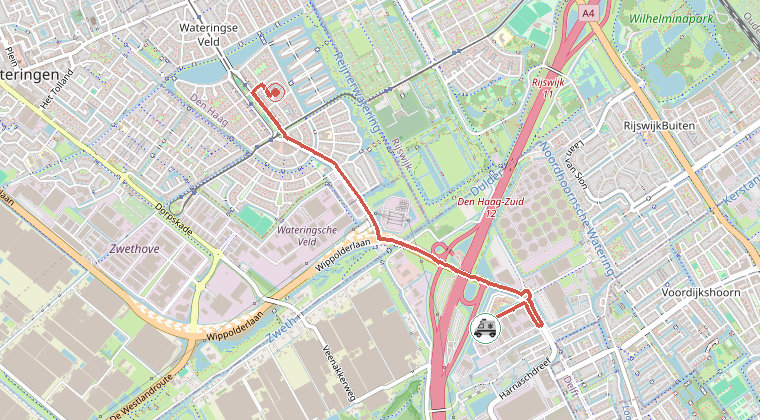 Kaart van de omgeving van de melding, met de kazerne die is gealarmeerd