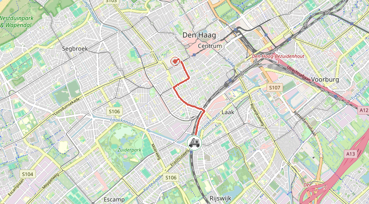 Kaart van de omgeving van de melding, met de kazerne die is gealarmeerd