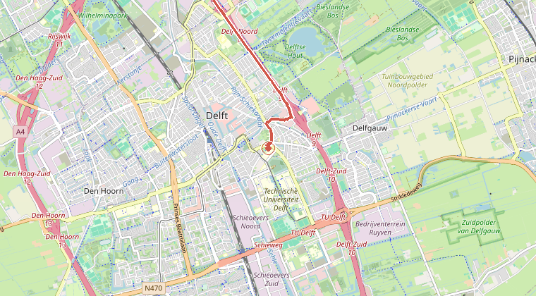 Kaart van de omgeving van de melding, met de kazerne die is gealarmeerd