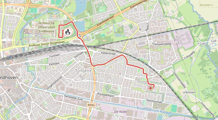 Kaart van de omgeving van de melding, met de kazerne die is gealarmeerd