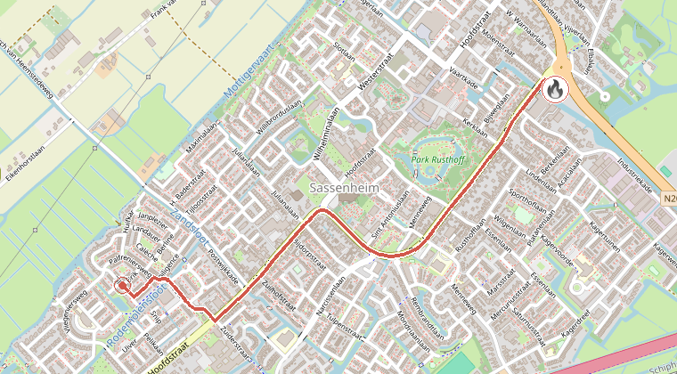 Kaart van de omgeving van de melding, met de kazerne die is gealarmeerd