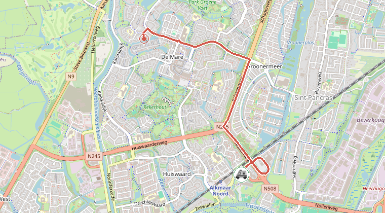 Kaart van de omgeving van de melding, met de kazerne die is gealarmeerd