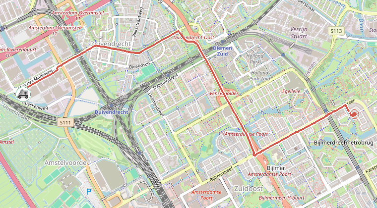 Kaart van de omgeving van de melding, met de kazerne die is gealarmeerd