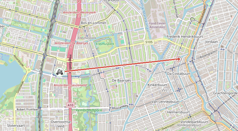 Kaart van de omgeving van de melding, met de kazerne die is gealarmeerd