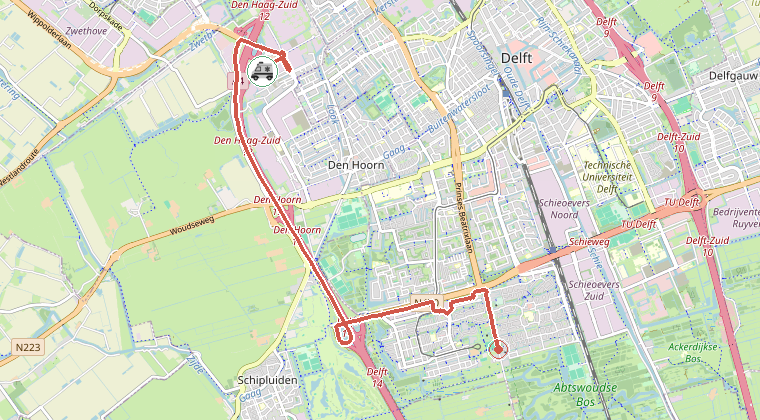 Kaart van de omgeving van de melding, met de kazerne die is gealarmeerd