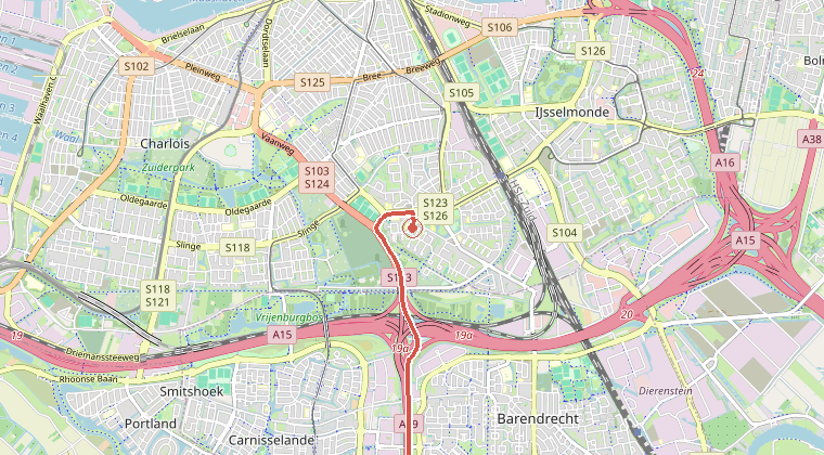 Kaart van de omgeving van de melding, met de kazerne die is gealarmeerd