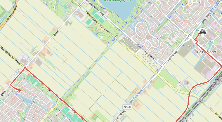 Kaart van de omgeving van de melding, met de kazerne die is gealarmeerd