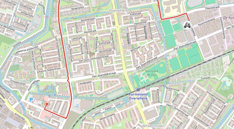 Kaart van de omgeving van de melding, met de kazerne die is gealarmeerd