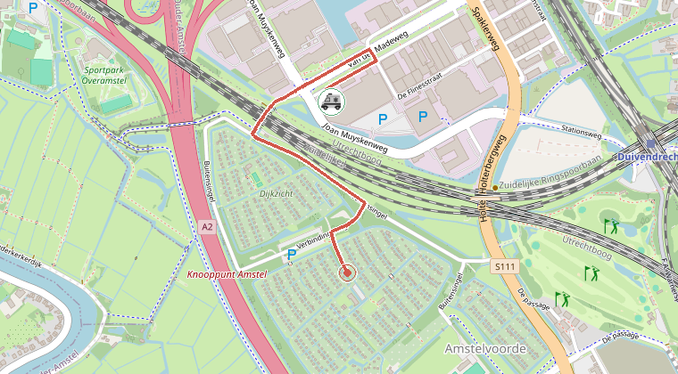Kaart van de omgeving van de melding, met de kazerne die is gealarmeerd