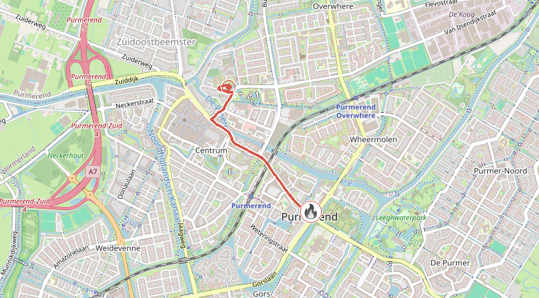 Kaart van de omgeving van de melding, met de kazerne die is gealarmeerd