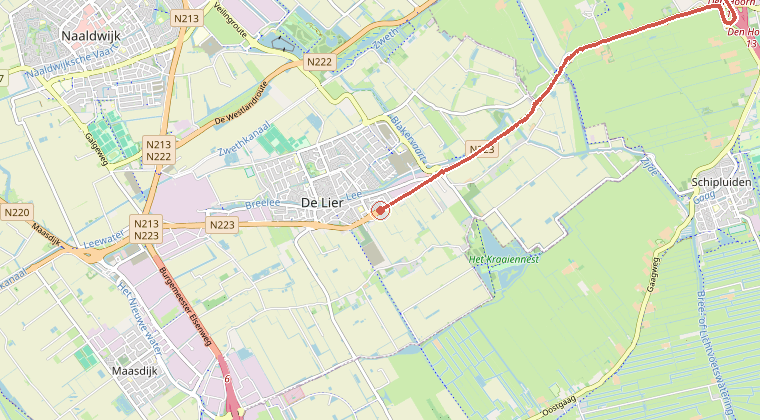 Kaart van de omgeving van de melding, met de kazerne die is gealarmeerd