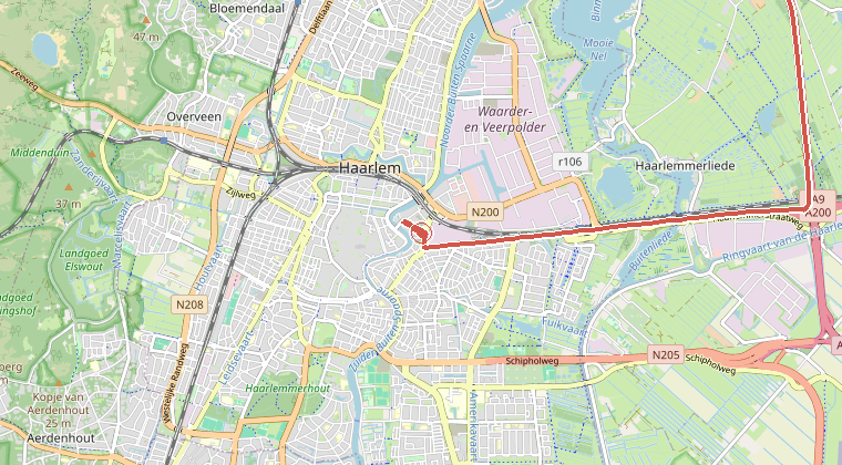 Kaart van de omgeving van de melding, met de kazerne die is gealarmeerd