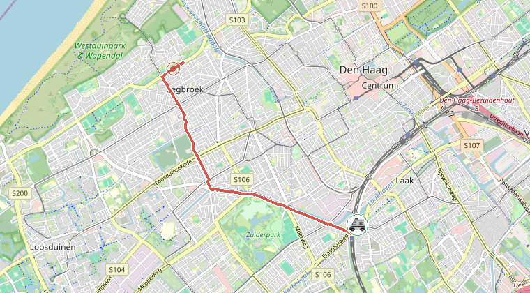 Kaart van de omgeving van de melding, met de kazerne die is gealarmeerd