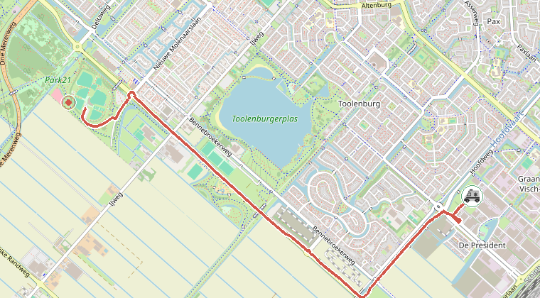 Kaart van de omgeving van de melding, met de kazerne die is gealarmeerd