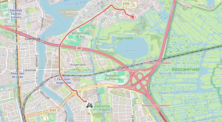 Kaart van de omgeving van de melding, met de kazerne die is gealarmeerd