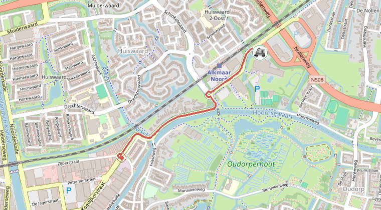 Kaart van de omgeving van de melding, met de kazerne die is gealarmeerd