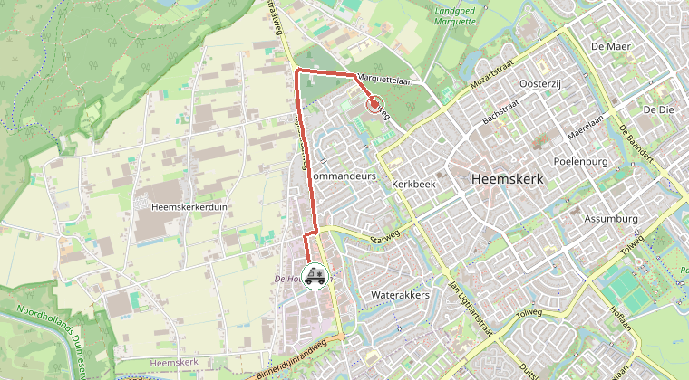 Kaart van de omgeving van de melding, met de kazerne die is gealarmeerd