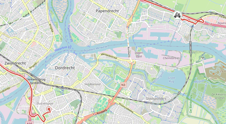 Kaart van de omgeving van de melding, met de kazerne die is gealarmeerd