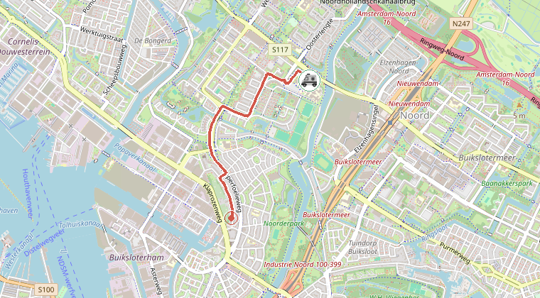 Kaart van de omgeving van de melding, met de kazerne die is gealarmeerd