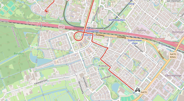 Kaart van de omgeving van de melding, met de kazerne die is gealarmeerd