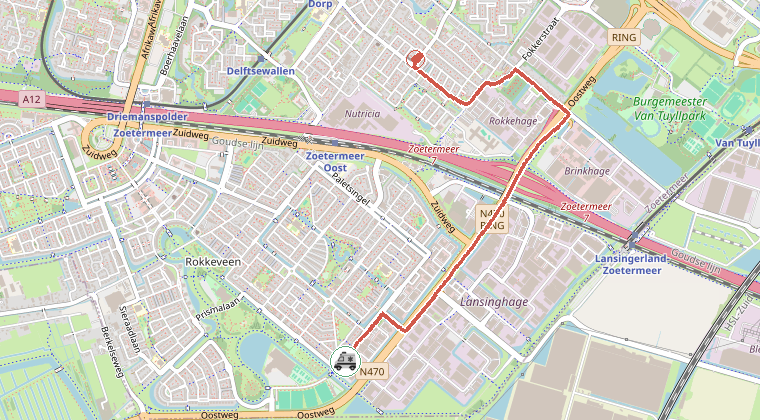Kaart van de omgeving van de melding, met de kazerne die is gealarmeerd