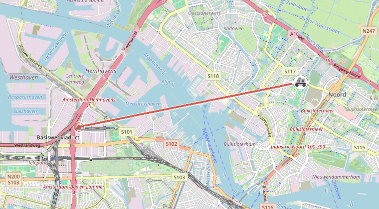 Kaart van de omgeving van de melding, met de kazerne die is gealarmeerd