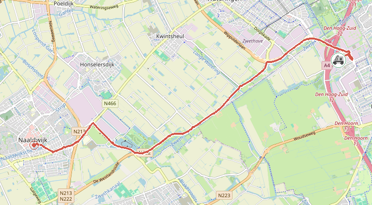 Kaart van de omgeving van de melding, met de kazerne die is gealarmeerd