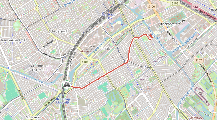 Kaart van de omgeving van de melding, met de kazerne die is gealarmeerd