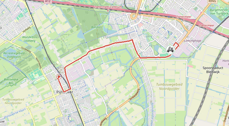 Kaart van de omgeving van de melding, met de kazerne die is gealarmeerd