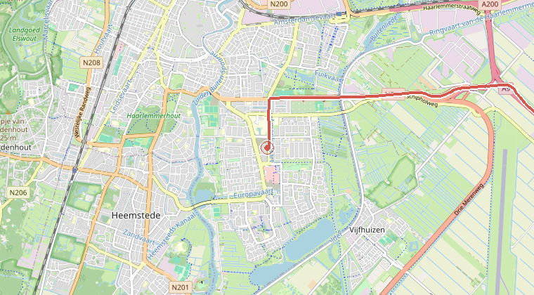 Kaart van de omgeving van de melding, met de kazerne die is gealarmeerd
