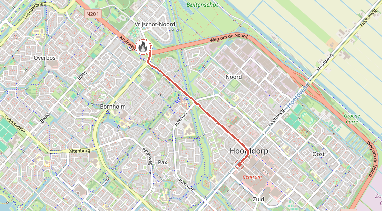 Kaart van de omgeving van de melding, met de kazerne die is gealarmeerd
