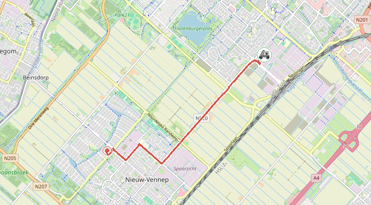 Kaart van de omgeving van de melding, met de kazerne die is gealarmeerd