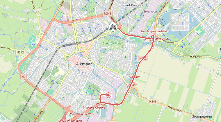Kaart van de omgeving van de melding, met de kazerne die is gealarmeerd