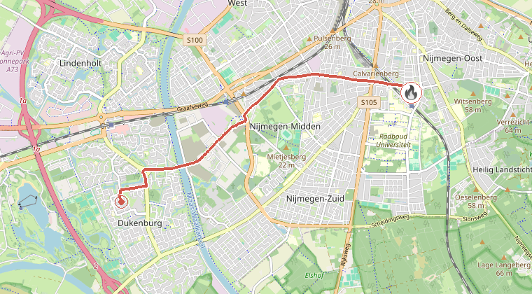 Kaart van de omgeving van de melding, met de kazerne die is gealarmeerd