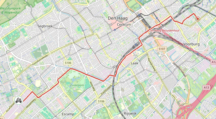 Kaart van de omgeving van de melding, met de kazerne die is gealarmeerd